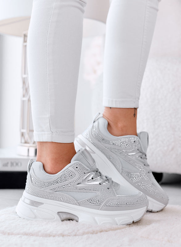 MARTINA - Sneakers grigie  con Strass e Suola  Platform Chunky