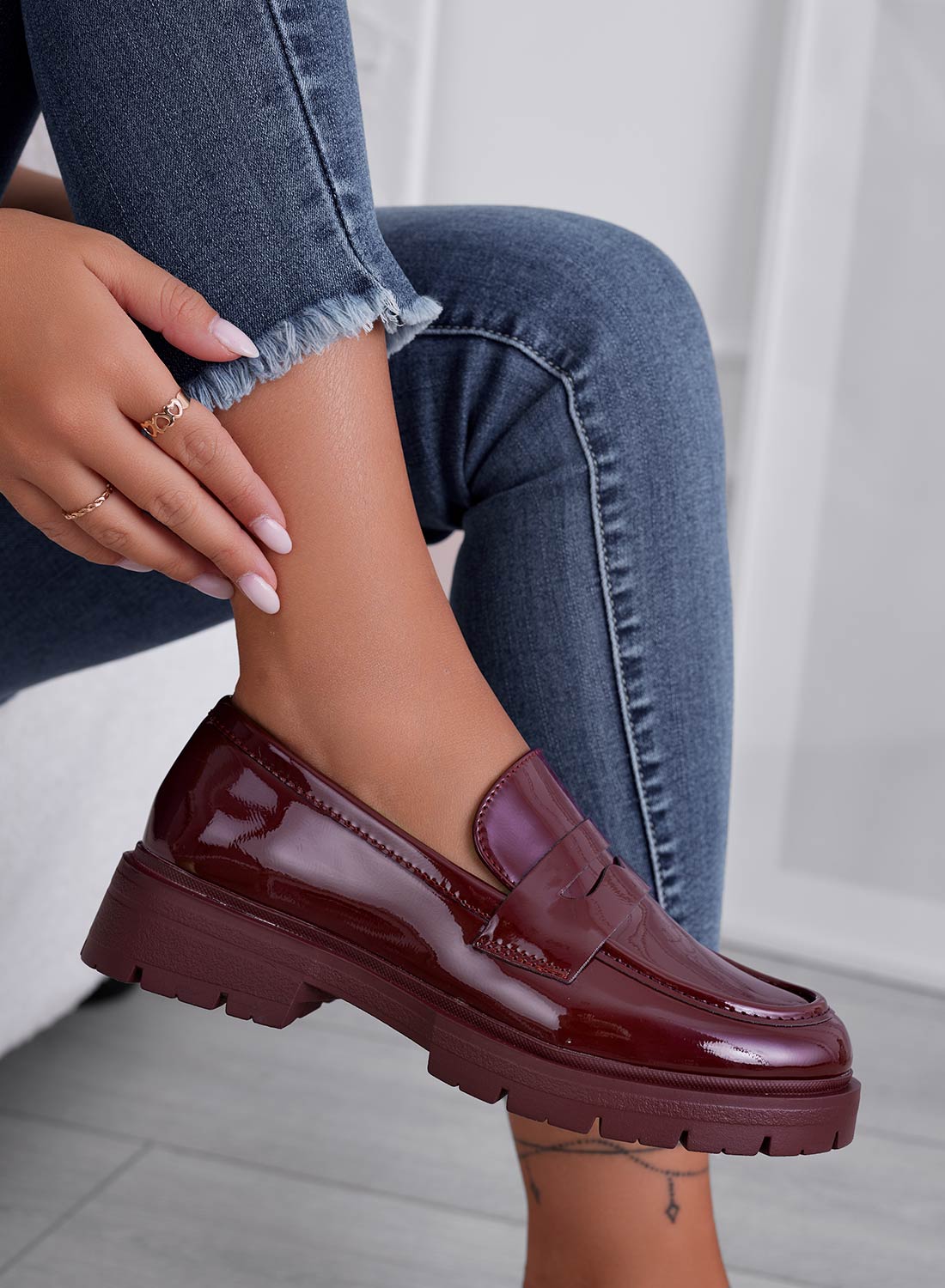Burgundy patent leather loafers