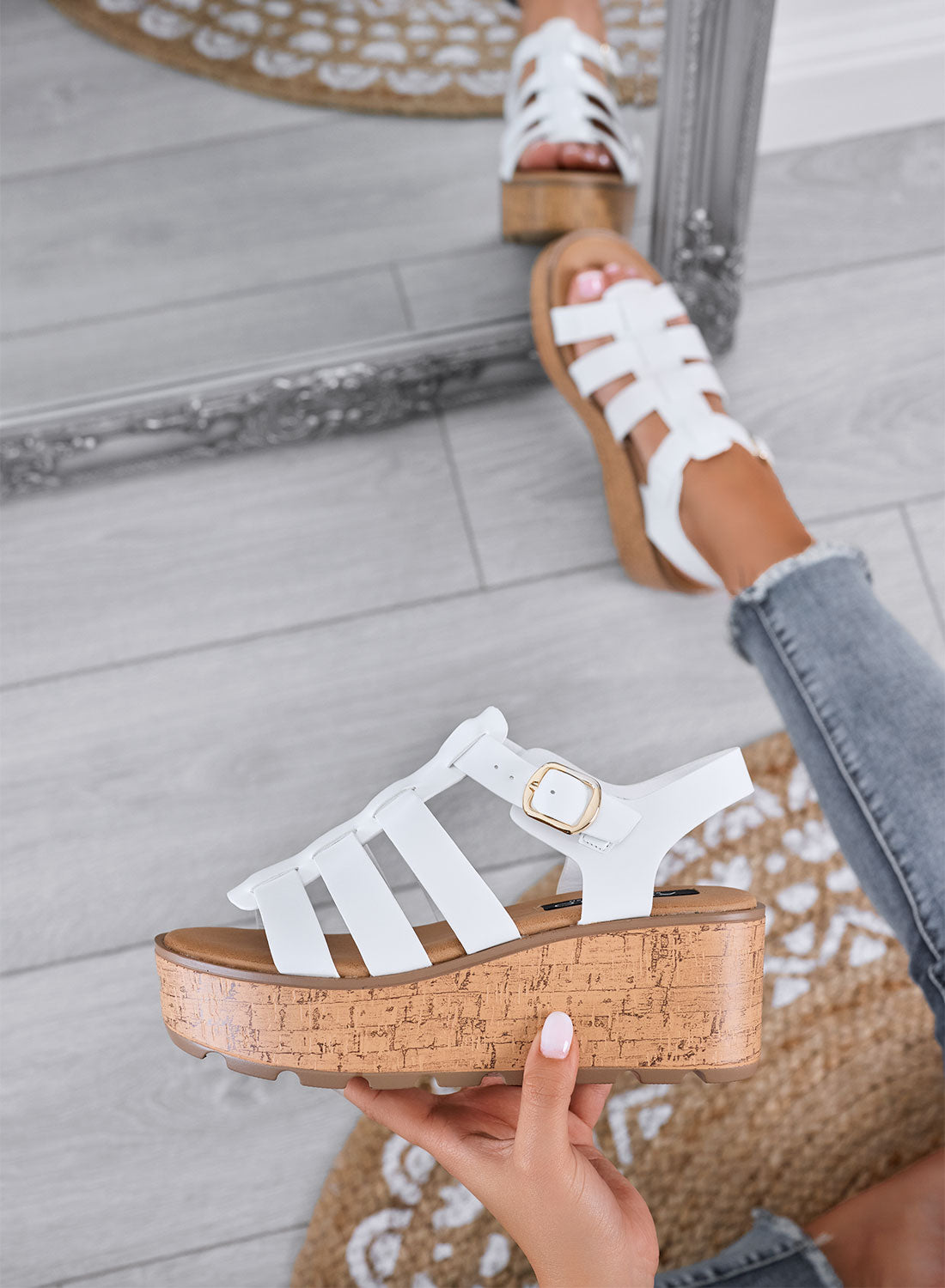 MATILDE - White sandals with cork-effect platform wedge