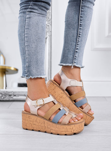 MATILDE - Multicolor sandals with cork-effect platform wedge