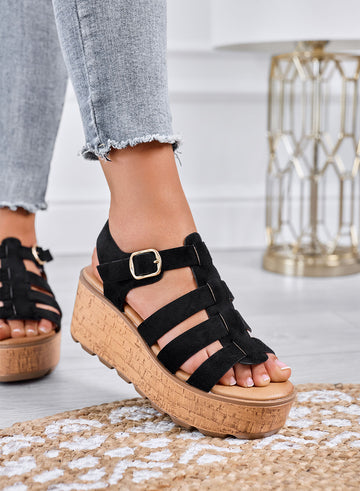 MATILDE - Black sandals with cork-effect platform wedge