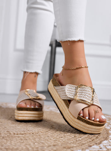 MAYA - Beige platform sandals slippers with large braided gold buckle