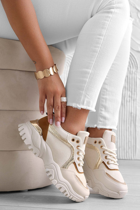 MELANIA - Sneakers beige con suola alta e pannelli a contrasto