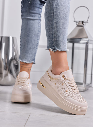 MELANIA - Sneakers Donna beige con Strass, Stelline e Suola Platform