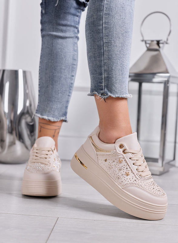 MELANIA - Sneakers Donna beige con Strass, Stelline e Suola Platform