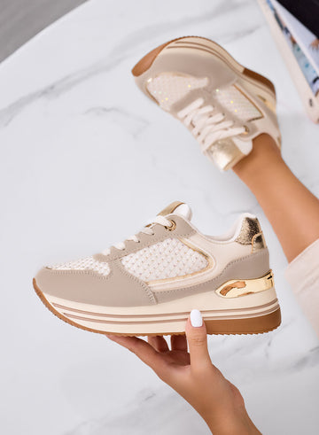 MELEK - Sneakers beige con inserti oro e suola platform