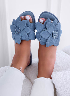 MELODY - Blue denim slide sandals with applied flower
