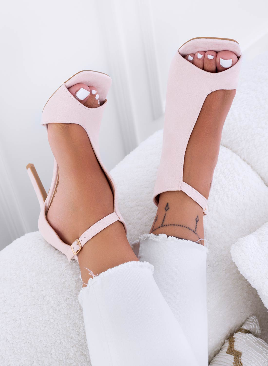 Beige peep-toe ankle boots with high heel