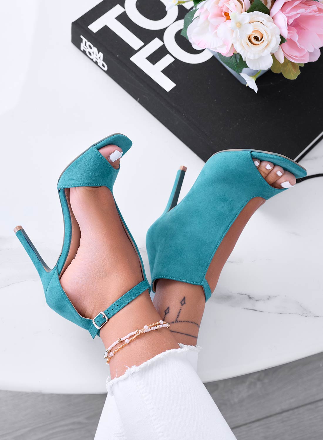 Green peep-toe ankle boots sandals with high heel