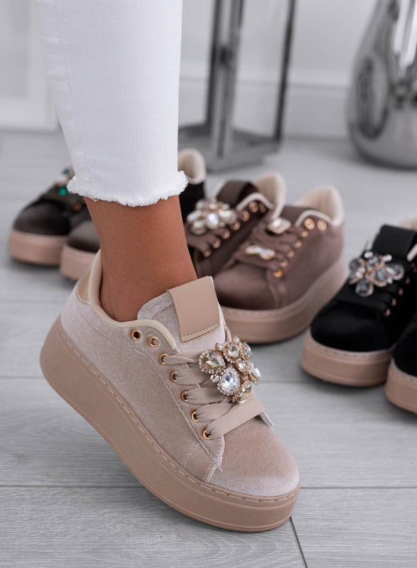 MILA - Sneakers beige in velluto con applicazione gioiello