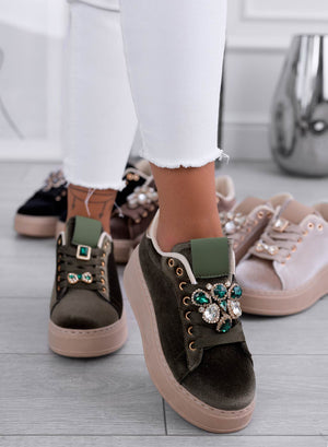 MILA - Green velvet sneakers with jewel embellishment