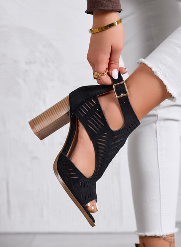 MILLER - Black Perforated Sandals with Wide Wood-Effect Heel