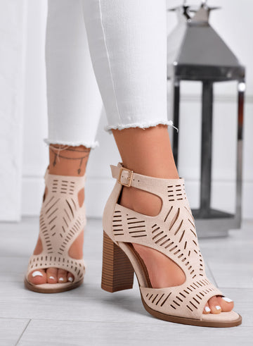 MILLER - Beige perforated sandals with wide wood-effect heel