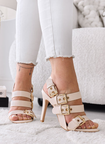 MINA - Beige Sandals with Buckles and High Heel