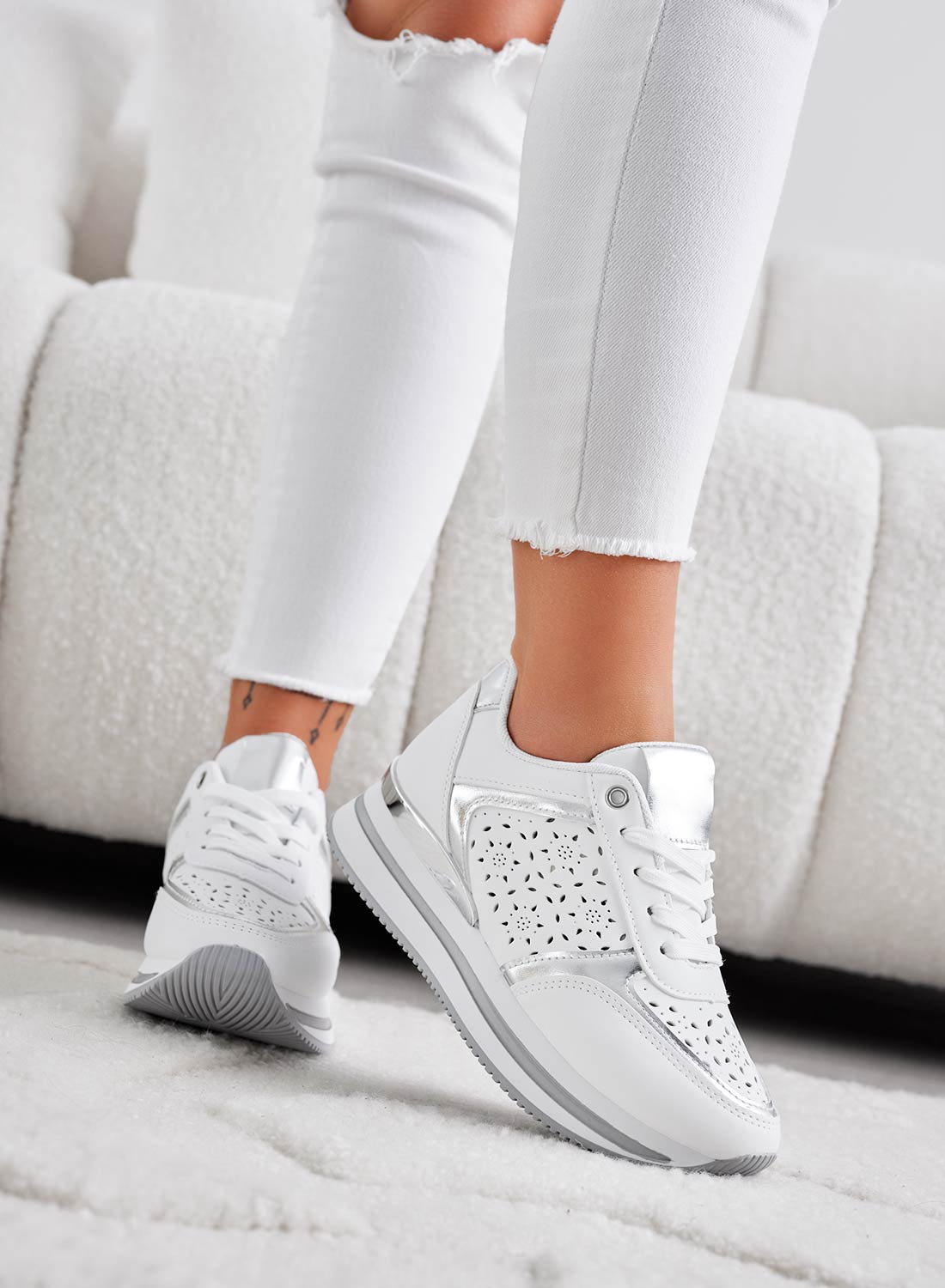 MINA - White perforated sneakers with silver inserts