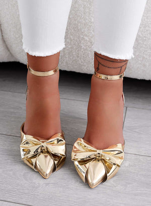 MIRABEL - Open metallic gold pumps with ankle strap and bow