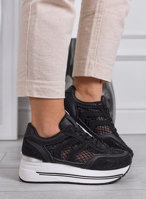 MIRANDA - Sneakers Nere Platform con Inserti Rete e Strass