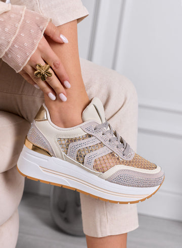 MIRANDA - Beige Platform Sneakers with Mesh Inserts and Rhinestones