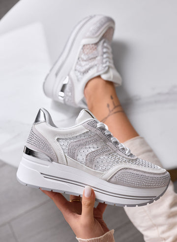 MIRANDA - White Platform Sneakers with Mesh Inserts and Silver Rhinestones