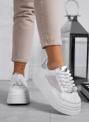 MIRELA - White sneakers with silver inserts, wavy sole, and mesh