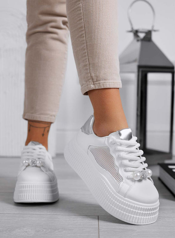 MIRELA - Sneakers bianche con inserti argento suola ad onda e rete