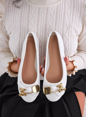 White ballet flats with gold teddy brooch