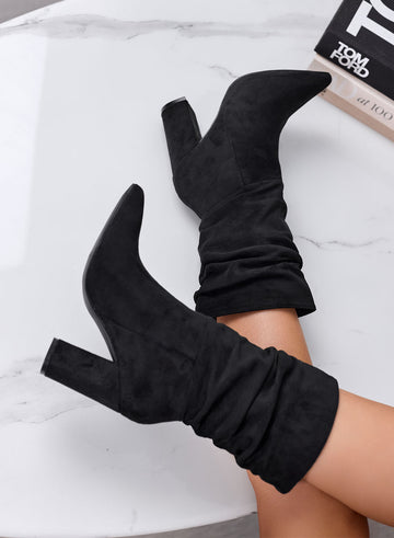 MIRIAM - Stivaletti Neri in Camoscio Arricciati con Tacco Largo
