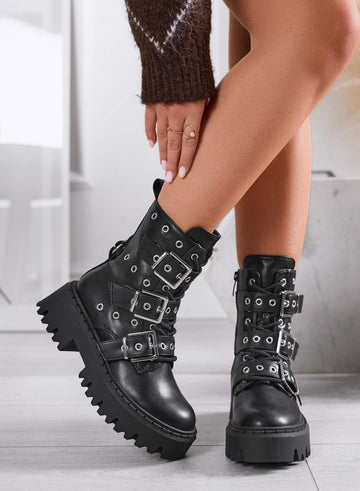 MIRIANA - Black combat ankle boots by Alexoo with buckles
