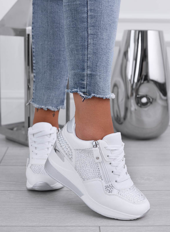 MIRROW - Sneaker bianche gioiello con strass e zeppa