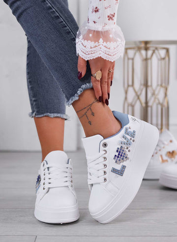 MIRTA - White sneakers with blue back and "love" inscription