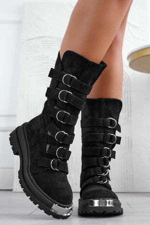 Black combat ankle boots with buckles and silver plate