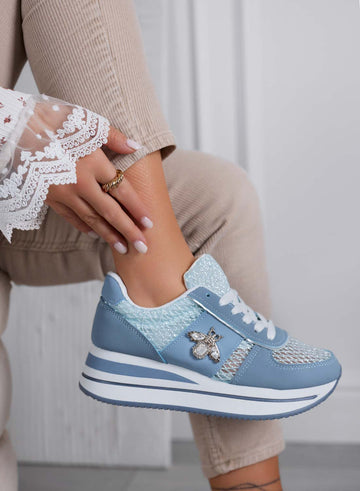 MOORE - Blue sneakers with breathable mesh and jeweled bee