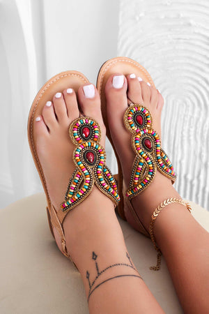 Low rose gold thong sandals with multicolor beads