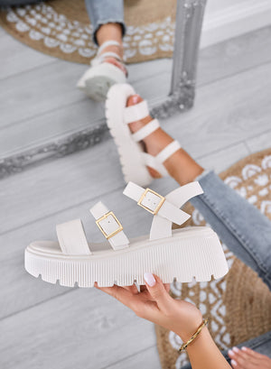 MORA - Beige chunky sandals with double gold buckle and lug sole