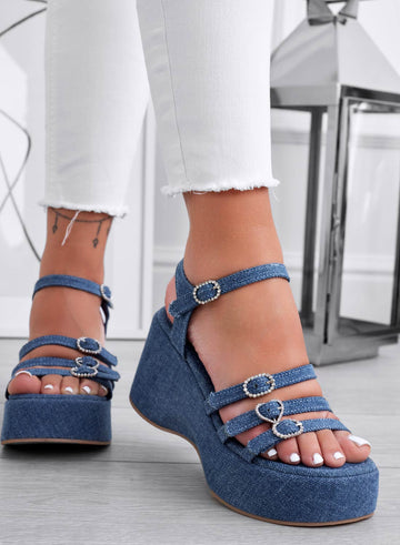 MORGAN - Blue sandals with jeans print, wedge heel, and rhinestone buckles