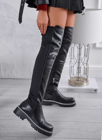MORITZ - Black over-the-knee boots with rhinestones and stretch fabric back