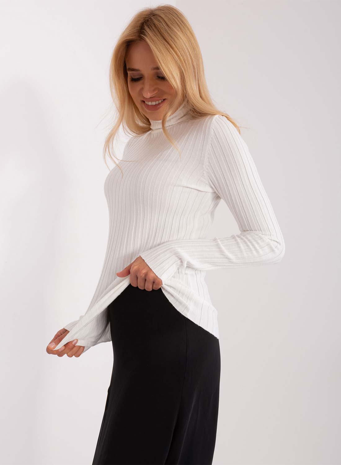 White ribbed turtleneck sweater