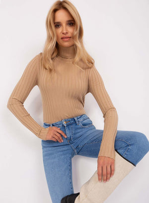 Ribbed mud-colored turtleneck sweater