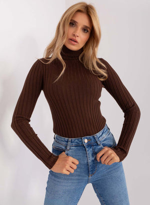 Brown ribbed turtleneck sweater