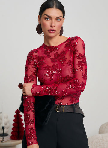 Maglia body rossa trasparenti con dettagli in paillettes
