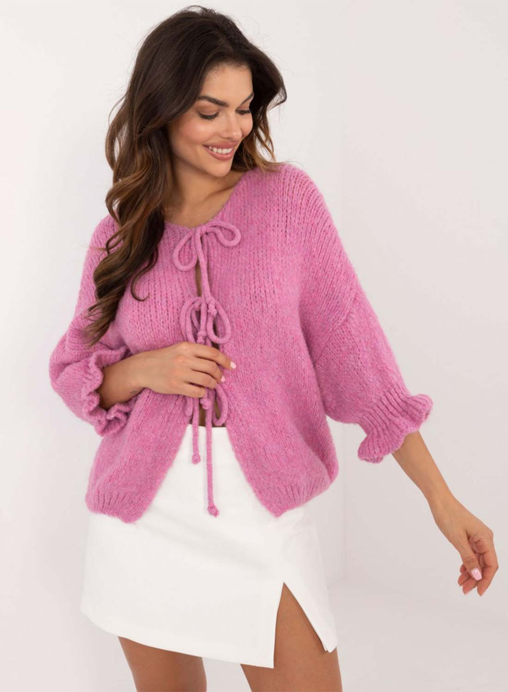 Maglioncino cardigan rosa con lacci