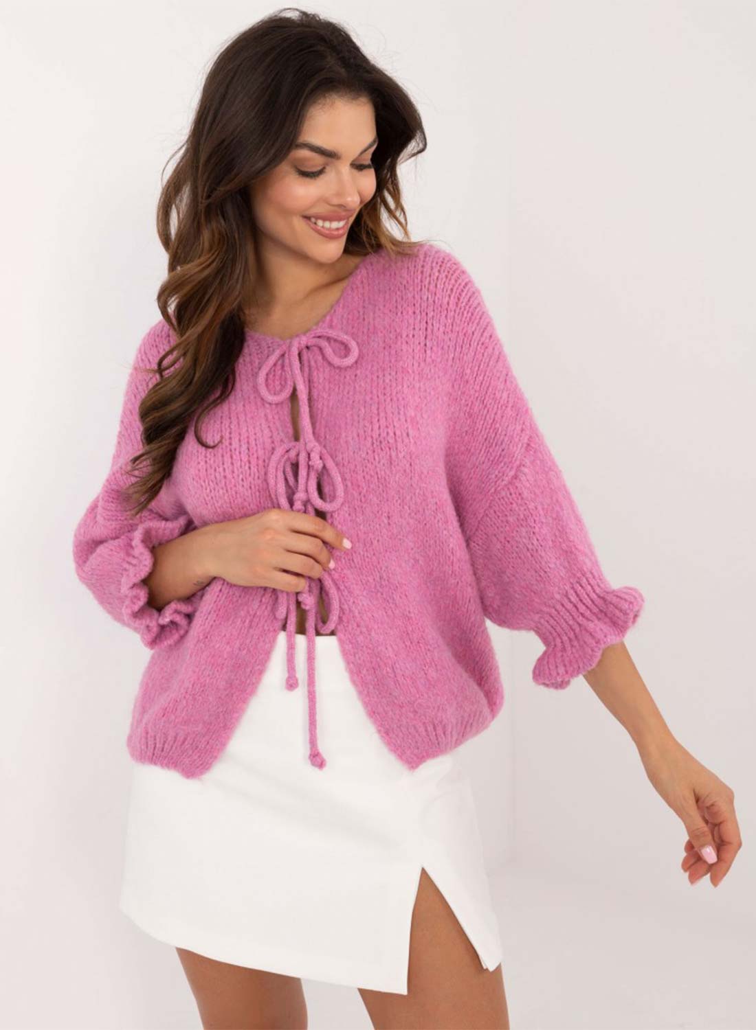 Maglioncino cardigan rosa con lacci