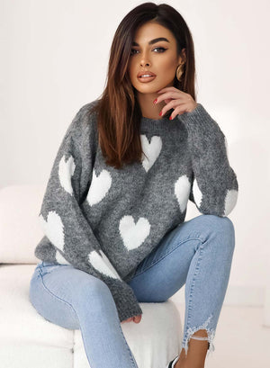 Gray sweater with white hearts