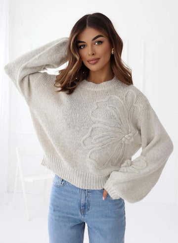 Gray sweater with embroidered flower
