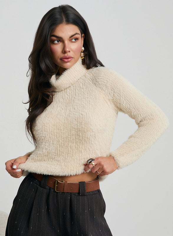 Beige turtleneck sweater with fuzzy texture