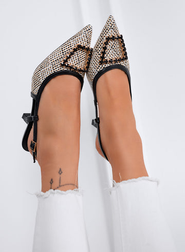 NAIMA - Black slingback pumps in woven fabric with jeweled buckle