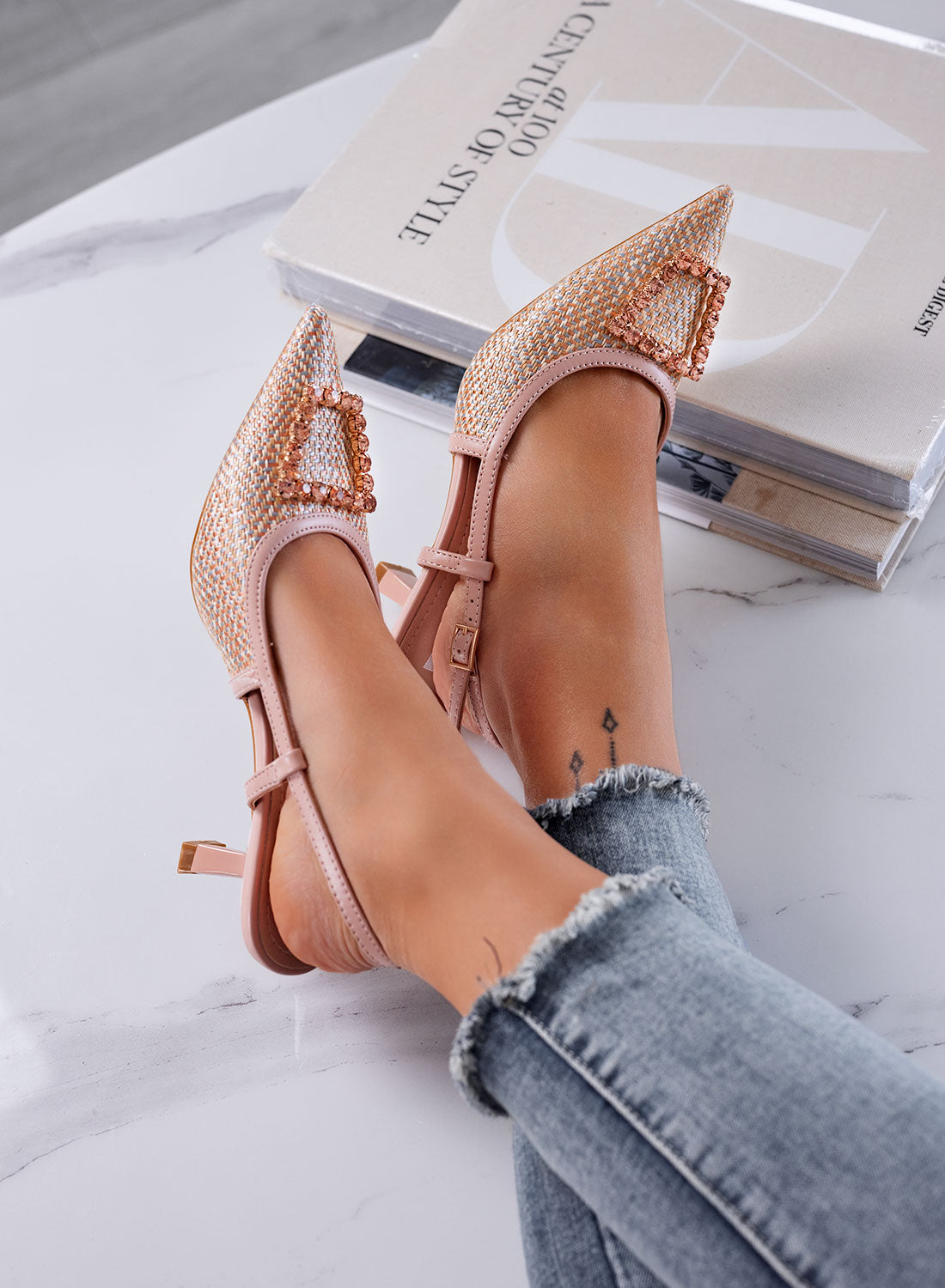 NAIMA - Nude slingback pumps in woven fabric with jeweled buckle