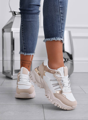 White sneakers with beige and gold inserts