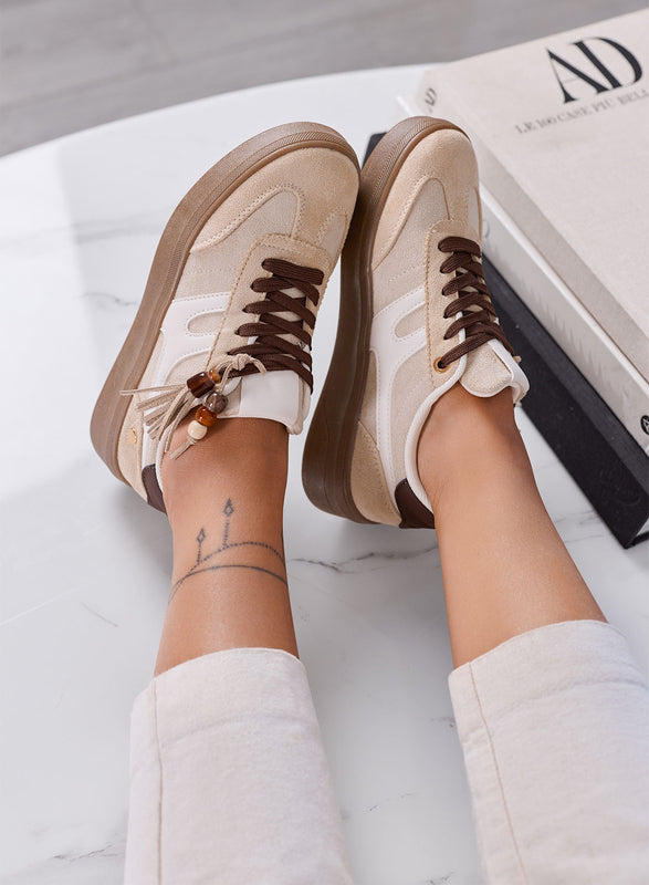 NASTIA - Sneakers Donna beige Scamosciate con Nappine e Perline