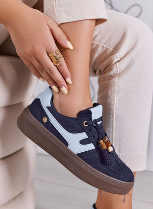 NASTIA - Sneakers Donna blu Scamosciate con Nappine e Perline